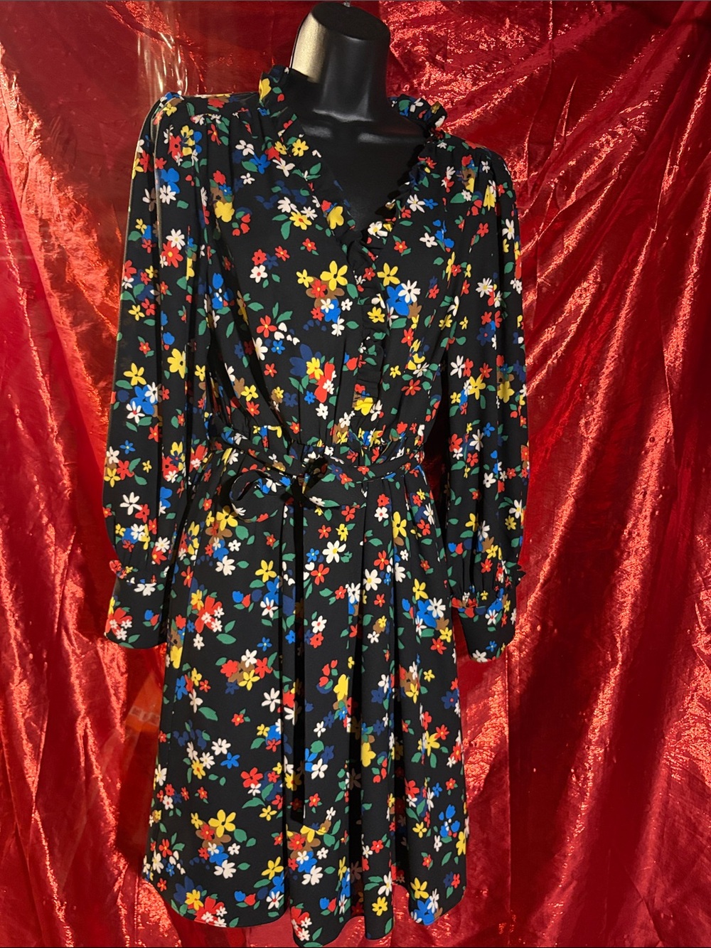 kate spade Floral Tie-Waist Dress - Black with Multicolor Flowers